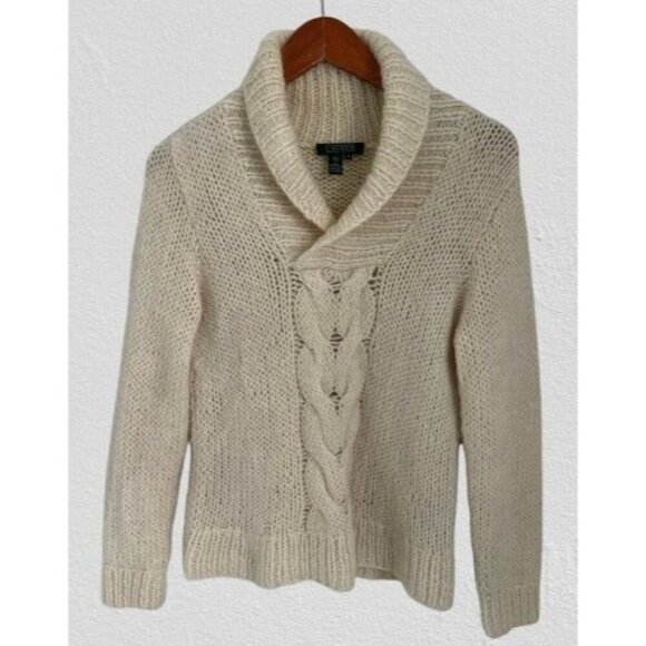 Lauren Ralph Lauren Lambswool Hand Cable Knit Shawl Collar Sweater Cream Size M - Picture 2 of 9